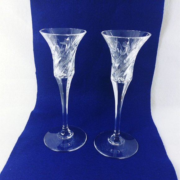 Sherry Cordial Glass Crystal Swirl Etched Floral Design Candleholder Set of 2 - Picture 1 of 7